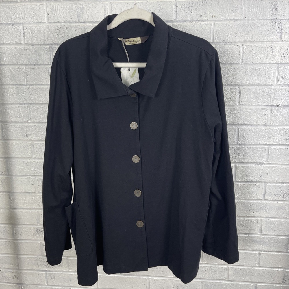 Chalet et Ceci Womens Button Front Jacket Size L Black Cozy Knit Artsy Lagenlook